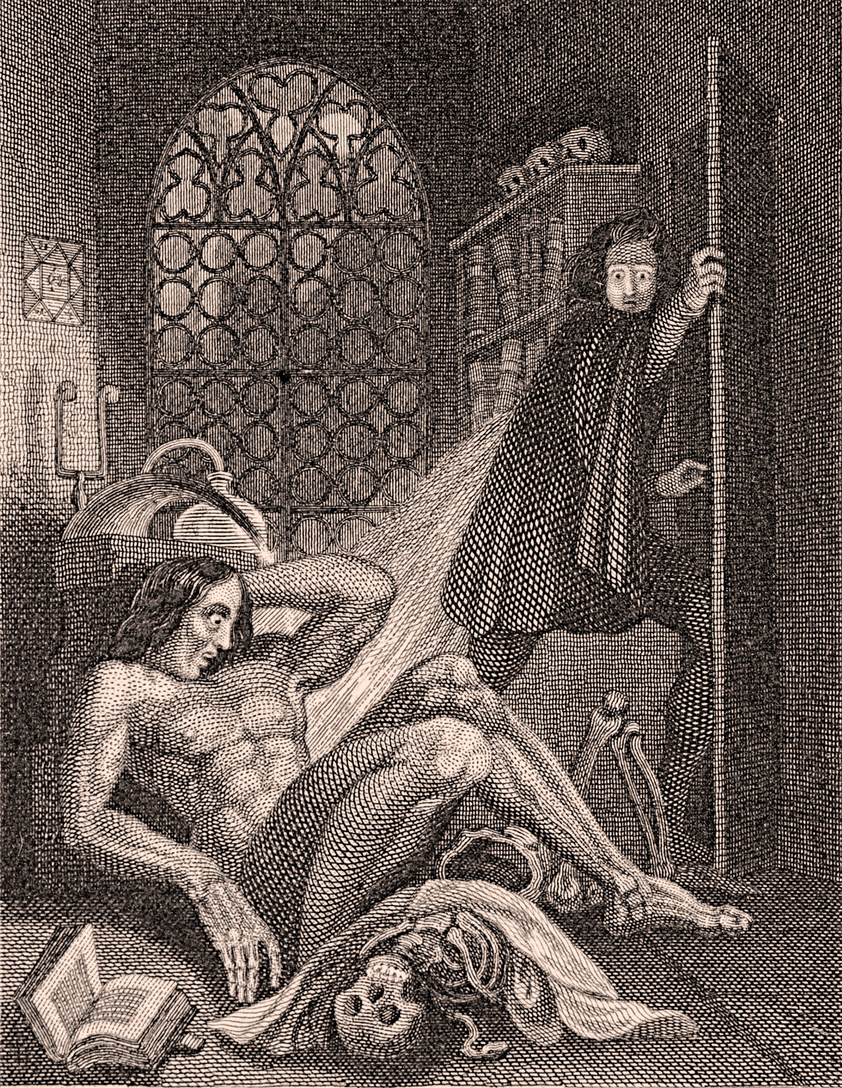 Engraving showing Victor Frankenstein recoiling in horror from his newly animated creature, who lies on a table in a Gothic chamber with an arched window.